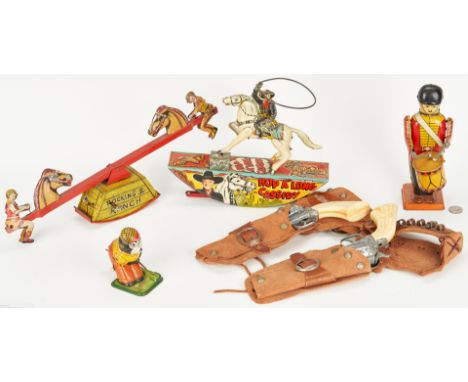 Four (4) lithographed wind-up tin toys including: Marx tin wind-up Hop - A - Long Cassidy range rider toy, Marx logo to platf