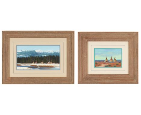 Two (2) Paul Surber (American, b. 1942) gouache paintings on paper or cardstock depicting Native American encampments among l