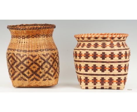 Grouping of three (3) Native American Cherokee baskets. 1st item: One (1) rivercane wastebasket form with alternating buttern