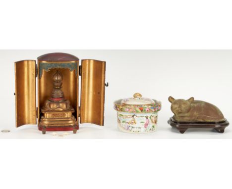 Three (3) Asian items, including Buddhist travel shrine or reliquary, Chinese bronze cat, and Famille Rose jar. 1st item: Bud