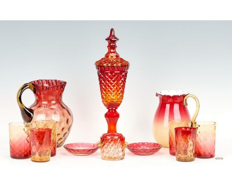 Twelve (12) Art Glass Items, peachblow and amberina. 1st item: Cased peachblow art glass pitcher with ruffled rim, possibly M