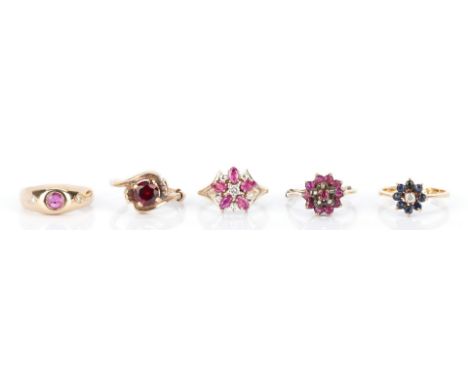 5 Ladies 14K Ruby and Sapphire Rings. 1st item: 14K yellow gold flower ring with 6 diamonds (5 single cut and 1 round brillia