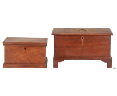 Miniature blanket chest box and document box, 2 items total. 1st item: American miniature Chippendale style walnut blanket ch