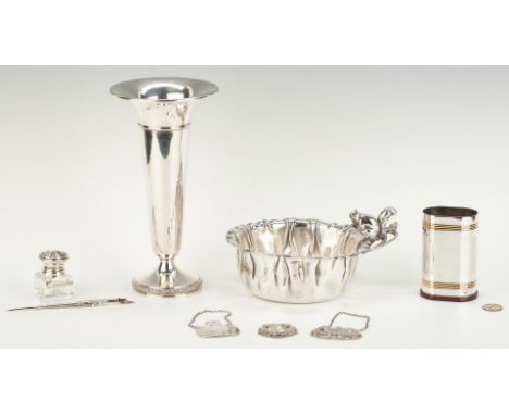 8 pieces assorted decorative holloware including sterling vase; Christofle pen holder; pen and inkwell, and Apollo silverplat