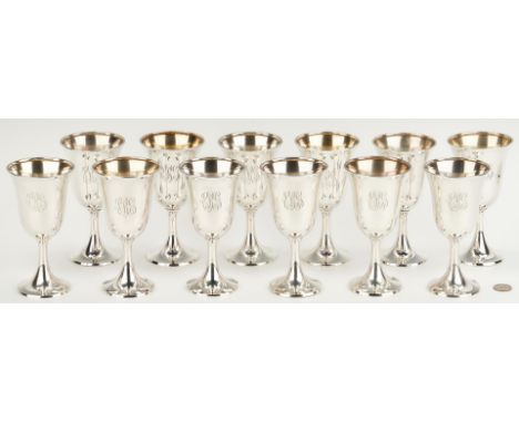 Twelve (12) Wallace Sterling Silver Goblets, each with flared rim, tapering round stem and round foot, the bowls with gilt wa