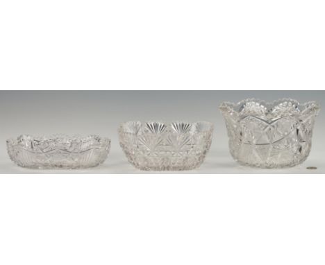 Three (3) American Brilliant Period Cut Glass Bowls. 1st item: Fruit Bowl with flared rim, the heavy body deeply cut in an un