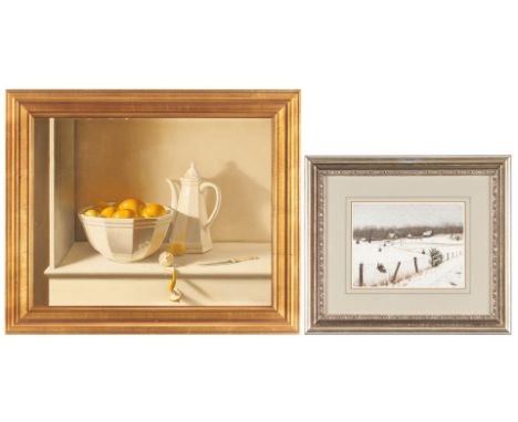 Two (2) Bonnie Chumley Bush artworks. 1st item:  Oil on canvas still life painting depicting a white porcelain bowl with frui