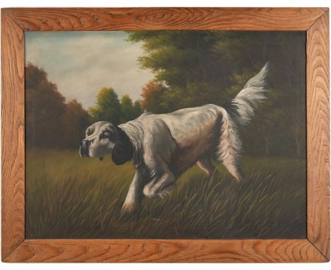 20th century American oil on canvas painting depicting an English white, brown, and black pointer in a field, grass foregroun