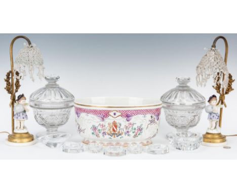 Group of five (5) decorative table items and Baccarat crystal. 1st-2nd items: Pair of gilt bronze and porcelain boudoir lamps