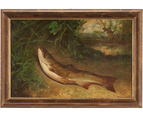 American School oil on canvas painting depicting a brook trout, still hooked on the fishing line, on a river bank surrounded 