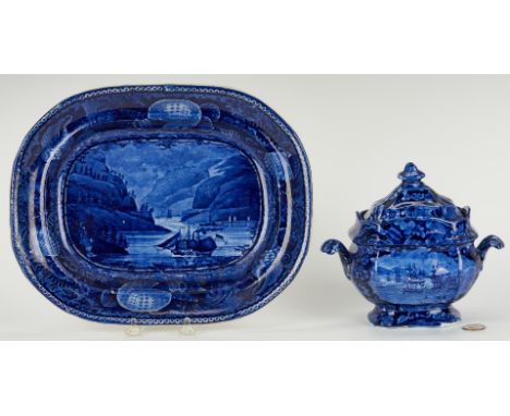 Two (2) blue and white Historical Staffordshire pottery items by Enoch Woods &amp; Sons, including a platter or vegetable dis