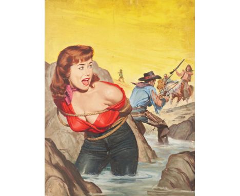 Will Hulsey (American, 20th Century) oil on board illustration painting titled "The Cowpoke and His $50,000 Date", featured o