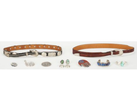 Nine (9) pieces assorted Mexican and Southwestern jewelry and two (2) designer belts. 1st item: Al Beres brown leather belt w