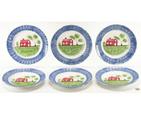 Set of six (6) English blue spatterware schoolhouse plates with an oral history of descent in the Puckett family of Hamblen C