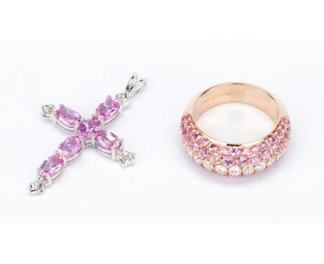 One (1) ladies 18K Diamond and sapphire ring and one (1) 10K sapphire cross. 1st item: One ladies 18k rose gold 8.0mm domed b