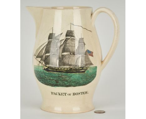 Historical Staffordshire Liverpool transfer decorated creamware pitcher depicting the "chicken leg" Eagle Seal of the United 