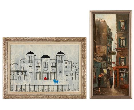 1st item: Nicola Ortis Poucette (French, 1935-2006) mixed media on board street scene depicting a woman in red ballgown, stan