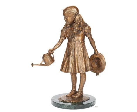 Gary Lee Price (Utah, b. 1955) bronze sculpture titled "Candice," depicting a young girl holding a sun hat in one hand and ho