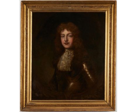 Manner of Sir Godfrey Kneller (British, 1646-1723) portrait of a young man dressed in a suit of armor, with white ruffled shi