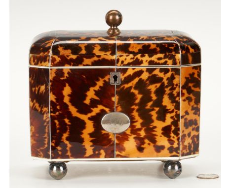 Regency Tortoise Shell Veneered Tea Caddy with silver on copper mounts including ball finial and feet, escutcheon and oval mo