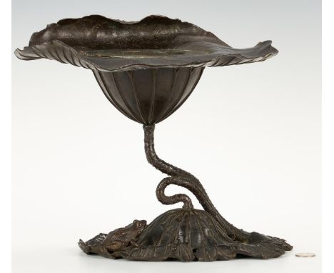 Japanese bronze Ikebana or flower frog centerpiece, constructed in three parts; the naturalistic center arm fits into a base 