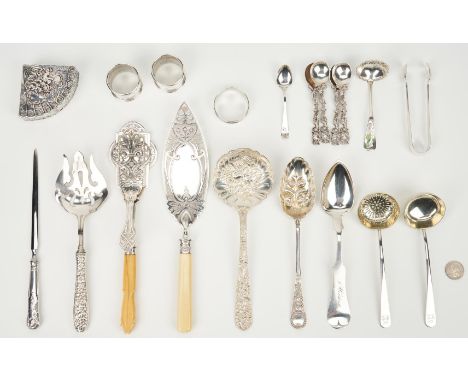 20 pcs assorted antique sterling, .800 silver, coin silver and silverplated flatware, plus napkin rings and fan shaped box. I