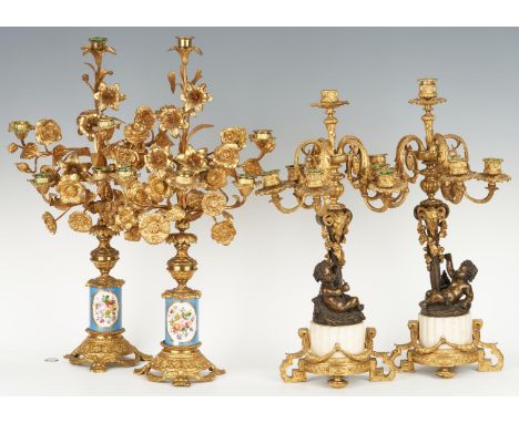 Two (2) Pairs of Ormolu Candelabra, including Sevres or Sevres style. 1st item: Pair of Patinated and Gilt Bronze Candelabra,