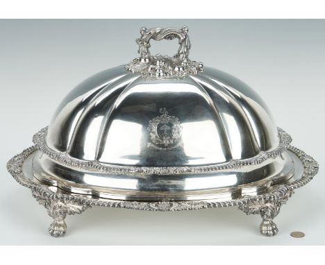 Old Sheffield plated meat dome with platter. Large lobed oval form with a naturalistic foliate handle, gadrooned and shell ri