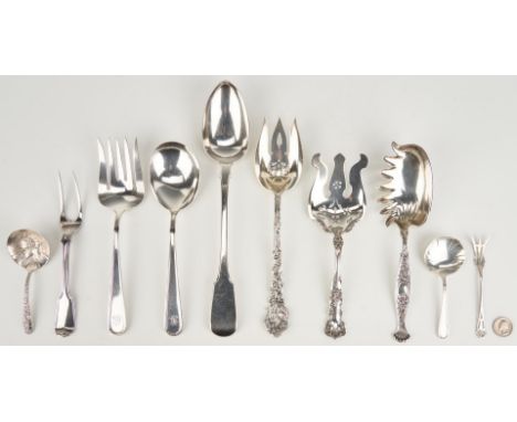 Ten (10) pieces of assorted English and American sterling silver serving flatware, including makers Whiting, Gorham, and S. K