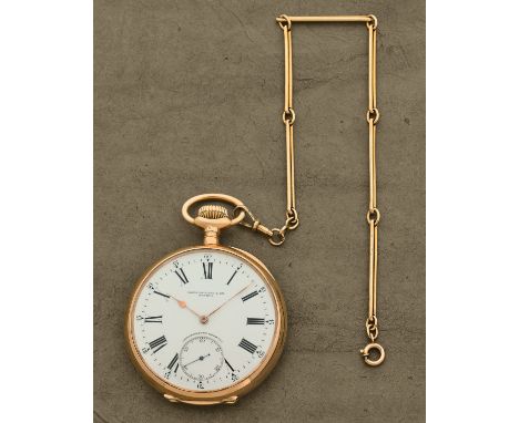 Patek Philippe. Grande et belle montre de gousset a cadran ouvert en or jaune 18K (750) remontoir au pendant, distribue par G