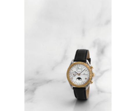 Omega. Chronographe bracelet en or jaune 18K (750) et acier triple calendrier et phase de lune mouvement automatiqueOmega. A 