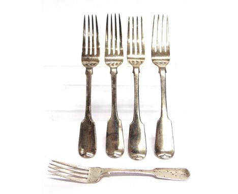 A PAIR OF WILLIAM IV IRISH SILVER DINNER FORKS  maker P.W., Dublin 1834; with two similar Irish silver dinner fork, one Victo