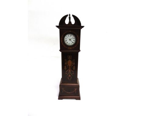 A MINIATURE 'LONGCASE' CLOCK  in an Edwardian style case with marquestry decoration, height 48cm width 14cm