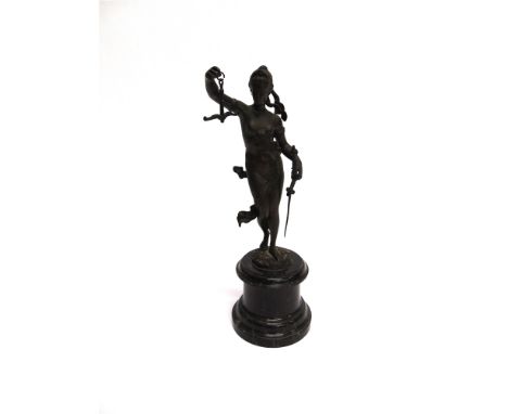 A BRONZE FIGURE OF A MAIDEN  portraying Justice, on circular marble base, 26.5cm high