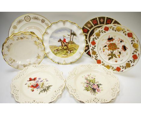 A Royal Crown Derby cabinet plate hand painted hunting scenes signed P Webb; two Normandie wavy edge soup bowls; an A962 dinn