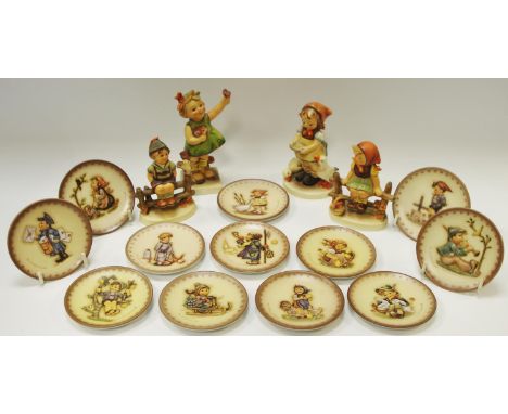 Twelve M J Hummel Goebel miniature plate motifs; Four Goebel M J Hummel figures including Spring Cheer, Wayside Harmony, Be P