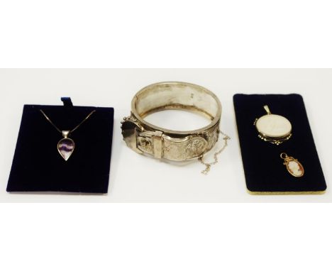 A silver box chain with a teardrop pendant set with Blue John; a silver buckle bangle 37.6g; a 9ct gold mounted cameo, 1.2g  