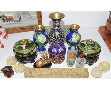 Oriental Objects - a cloisonné enamel pumpkin pot and cover on stand;  cloisonné enamel baluster vases; cloisonné enamel fawn