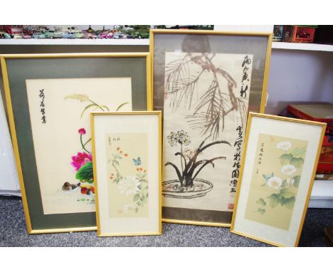 A Chinese calligraphy piece, with mandarin scripture baring seal mark, framed; another embroidered example; etc (4) 