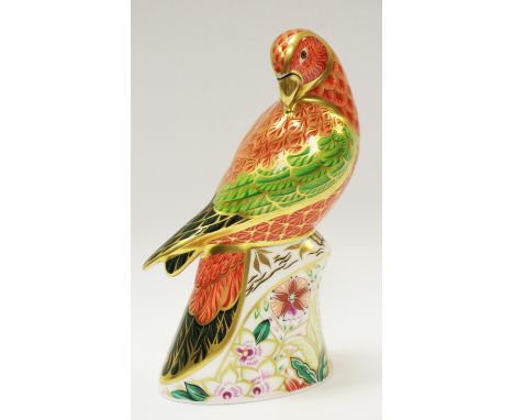 A limited edition Royal Crown Derby paperweight, Lorikeet, printed marks to base, first quality, gold stopper 