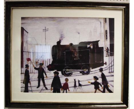 AFTER LAURENCE S LOWRY (1887-1976) "Level crossing with LNER steam train", colour print, framed 