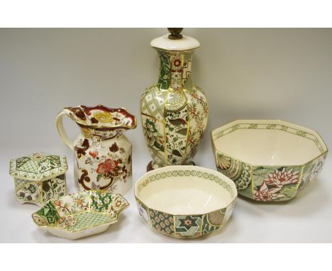 Masons Ironstone - a Masons Applique pattern table lamp on stand; an octagonal fruit bowl, another smaller, trinket pot and c