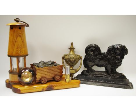 Mining interest - a miner's "motti" No.684 Bevercotes Colliery; a miniature replica miner's lamp; a wooden miner's lamp and c