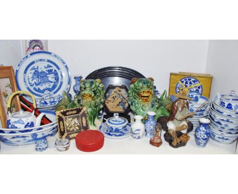 Oriental Objects - a pair of Dogs of Fo; blue and white ceramics; miniature temple vases; 'cinnabar lacquer' trinket pot and 