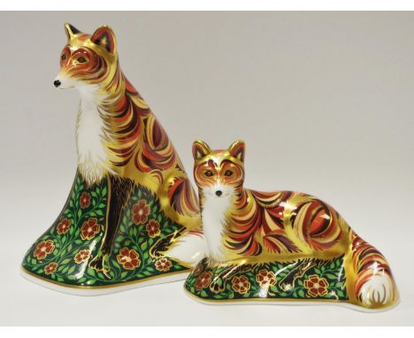 Two Royal Crown Derby limited edition paperweights 'Devonian Vixen' and 'Devonian Fox Cub' both signed by Jane James, printed