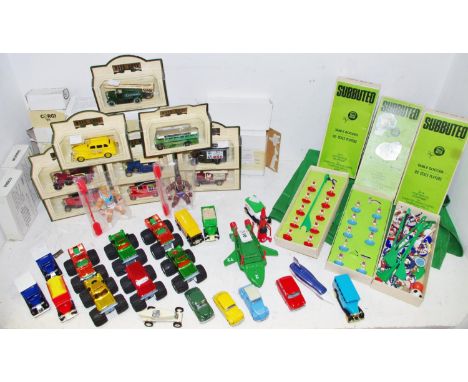 Subbuteo &amp; diecast - a boxed Arsenal team; another Aston Villa (af), a box of assorted players, balls etc. (af); a set Ma