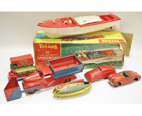 A German Gescha pre-war tinplate friction powered tipper truck with front bucket/loader, red body, blue truck bed &amp; bucke