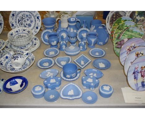 Wedgwood Blue Jasperware including jugs, vase, trinket dishes, pots and covers.