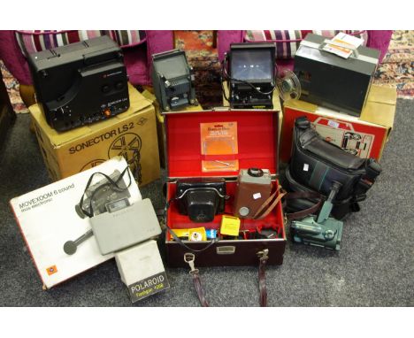 Photographic equipment - Prakitka LTL 3 camera, case and lenses; Polaroid 104; Polaroid flash gun # 268; Tacnon 8mm editor; a