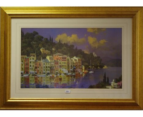 A substantial decorative gilt framed print of Portofino Bay, Italy